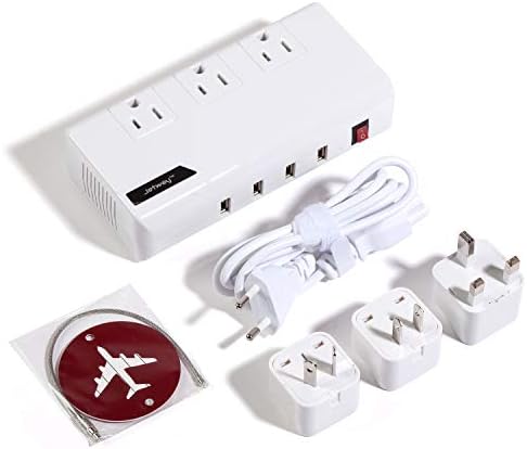 Best International Travel Adapter and Voltage Converter 200 Watts - Quiet Mode - 4 USB - Bonus Luggage TAG & CASE - 220V to 110V Travel Converter for UK/AUS/EU/Asia/Africa Guarantee