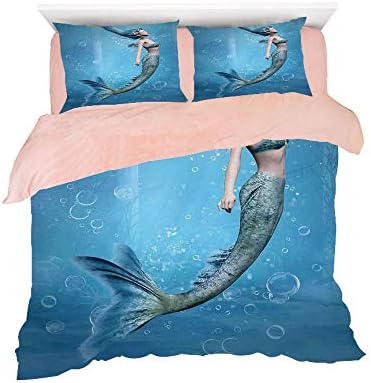 Comfortable Bed Sheet Set with Bedding Pillow Case Cover for bed width 6ft Pattern Customized bedding for girls and young children,Mermaid Decor,Mermaid Fishtail Floating Bubbles Mythical Creature Fai
