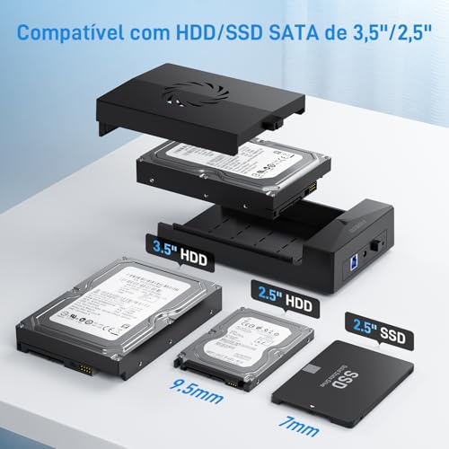 Gabinete para disco rígido externo, gabinete USB 3.0 para SATA para disco rígido SSD SATA de 3,5 ou 2,5 polegadas com ventilador, adaptador de alimentação de 12 V incluído