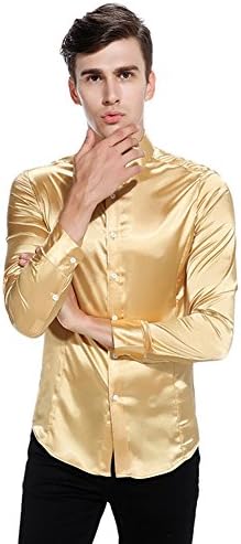 DAOGUAN Mens Metallic Casual Fashion Nightclub Styles Long Sleeves Button Down Dress Shirts (US Large (Tag Size XL), Gold)