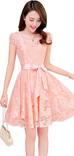 Amazon 春夏物 レディース レース パーティ ドレス ワンピース マキシム ミディアム ひざ丈 フレア ガーリー オリジナルアクセサリー付属 Evm0135 M ピンク ワンピース チュニック 通販
