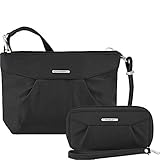 Travelon Anti-Theft Crossbody and RFID Clutch - Small Handbag & Wallet Set for Travel & Everyday - (Black/Dusty Rose Interior)