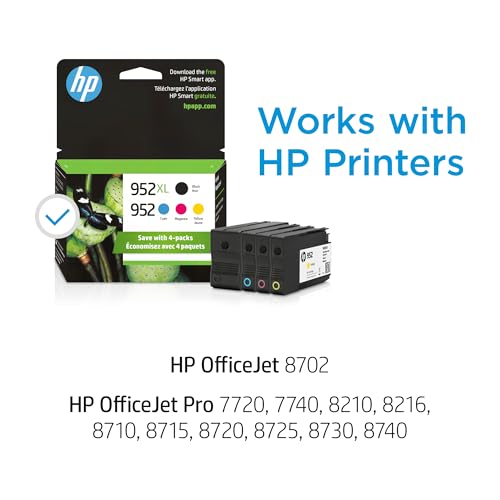 HP Original 952 Cyan, Magenta, Yellow / 952XL Black Ink Cartridges (4-Pack) | Works OfficeJet 8702 OfficeJet Pro 7700, 8210, 8700 Series | Eligible for Instant Ink | N9K28AN