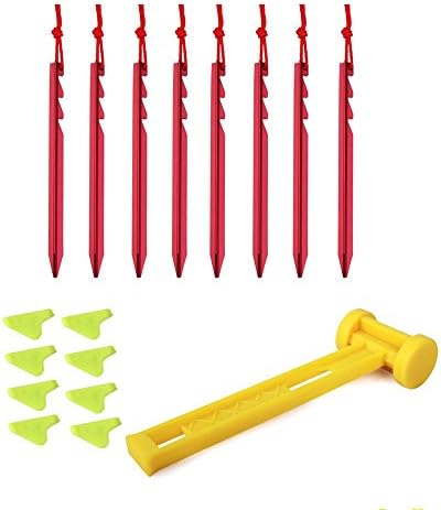 Abelslr Tent Stakes Kit - 8 Ultralight and Adjustable Aluminum Tent Pegs, 1 Camping Hammer, 8 Fluorescent Rope Buckle