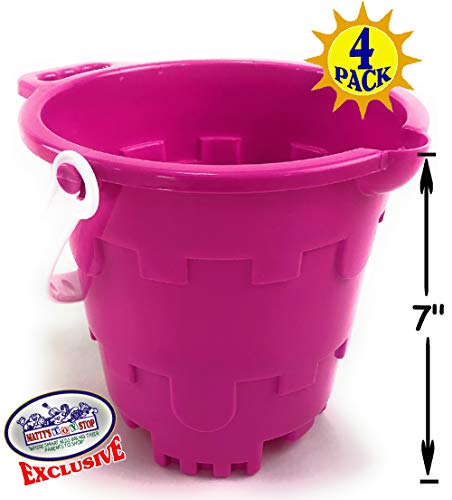 Matty's Toy Stop Beach Gear 7" Plastic Castle Mold Sand Buckets (Pails) with Easy Pour Spout and Handle Blue, Pink, Green & Yellow Party Set Bundle - 4 Pack - Thumbnail 3