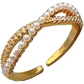 BlingNook Cubic Zirconia Rings For Women, Pearl Ring Trendy Gold Stackable Statement Engagement Wedding Open Adjustable Jewelry Promise Gift