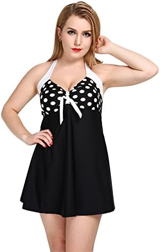 VAdoria Women’s Vintage Pin Up Swimsuit Polka Sailor Swimdress Two Piece Plus Size Cover Up Skirtini (US14, Black Polka Dot)