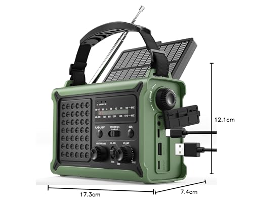 ROCAM Crank Radio, 12000 mAh Emergency Radio with 8500 mm² Solar Panel & 650 mA Crank, Portable Solar World Receiver Radio with AM/FM Reception, LED Torch & Reading Light, USB, SOS for Camping, Emergencies & Blackout