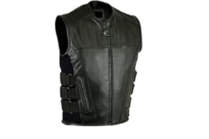 EXCELSIOR INT Men's Adjustable Sleeveless Leather Vest With Updated Tactical Swat Style Motorcycle Biker Jacket For Men- (2XL, Black)