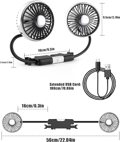 Loiisgy Car Fan for Backseat Dual Head Hose, USB Car Rear Seat Fan with 2 Independent Heads and Lights, 3 Speeds and 360 Degree Rotatable Cooling Car Fans