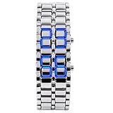 Silver Metal Band Mens Iron Samurai Style Lava Digital Sport Watch Faceless Blue LED-SLBL