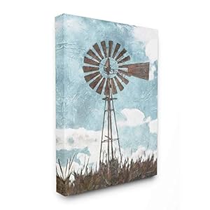 Stupell Industries Farm Windmill Blue Brown Painting, Design by Bluebird Barn Wall Art, 16 x 20, Canvas