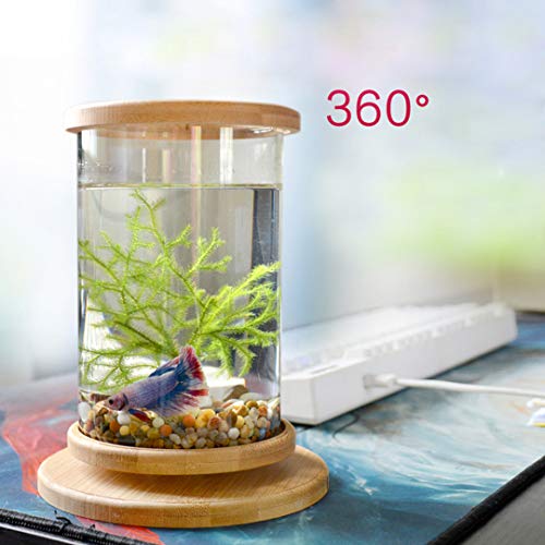 Norgail Creative Rotary Aquarium Betta Mini Fish Tank with LED Lighting Desktop Bowl Round Aquarium Decoration for Home Living Room Bedroom Office Spinning Bamboo Rack - Thumbnail 4