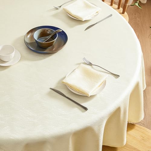 Softalker Outdoor Tablecloth Stain-Resistant Round 140 cm Diameter Beige Striped Jacquard Tablecloths Water Repellent Protects the Table for Dining Room, Kitchen, Birthday, Holiday, Party, Picnic, 1 Piece