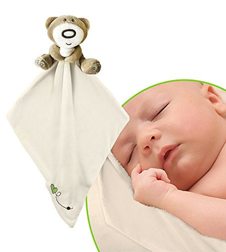 Baby Security Blanket by Baby Bibi. Plush Infant Security Blanket for Boys and Girls with Adorable Teddy Bear. Soothing and Fun, Light Yellow Color Blankie with Tan Teddy Bear, 12.5” x 12.5” Size