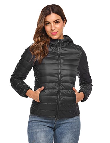 Cindere Women's Outwear Lightweight Hooded Packable Puffer Down Jacket Coat (Black, M)