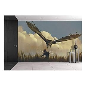 Illustration - The Big Eagle Attack The Warrior from Above in a Field,Illustration Painting - Removable Wall Mural | Self-Adhesive Large Wallpaper - 66x96 inches
