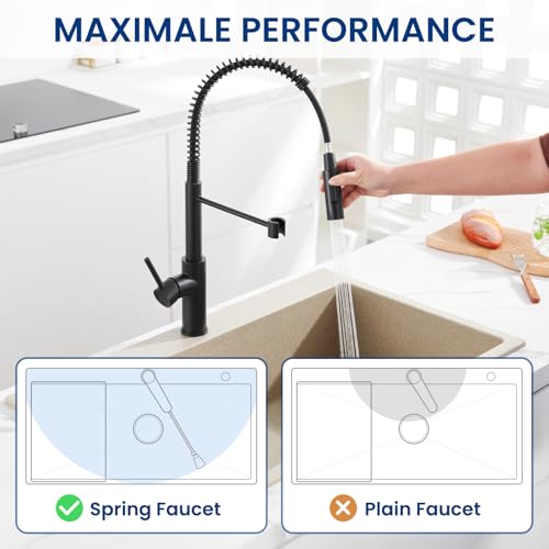 CECIPA Black Kitchen Tap with Spring and 2 Types of Jet, High Arc Kitchen Mixer Tap Black with Pull-Out Shower, 360° Swivel Sink Tap, Stainless Steel Mixer Tap
