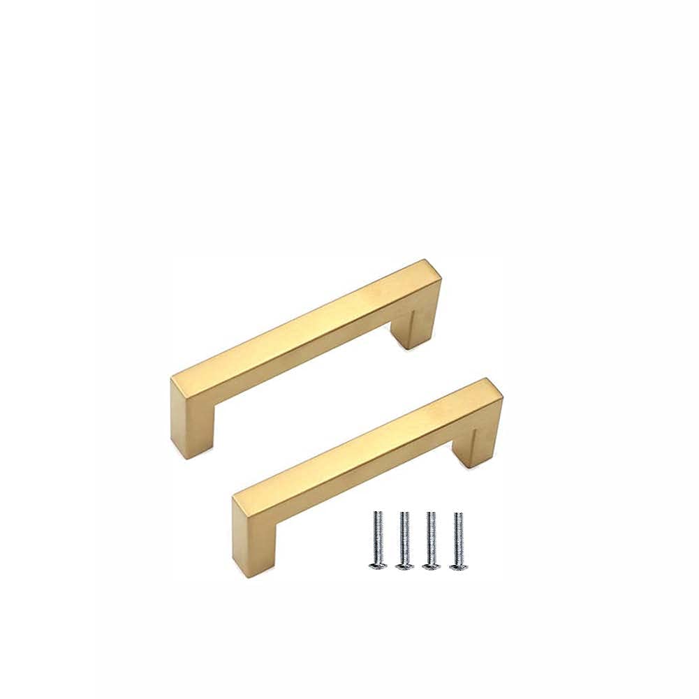 BOZONLI 2pcs Gold Handles for Cupboards & Draws, Square Stainless Steel Door Handles Kitchen Cabinet Drawer Pull Handles 96mm Hole Centers