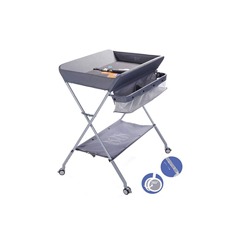 EGREE Baby Changing Table Portable Folding Diaper Changing Station with Wheels, Adjustable Height Mobile Nursery Organizer with Safety Belt and Large Storage Racks for Newborn Baby and Infant, Gray