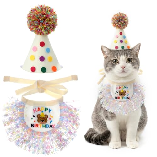 Xinjoduz Cat Birthday Hat and Bandana Scarf, Cat Birthday Outfit Party Hat Dog Costumes Cute Lace Puppy Tassels Bib Scarf Party Decorations Set for Small Medium Cats & Dog