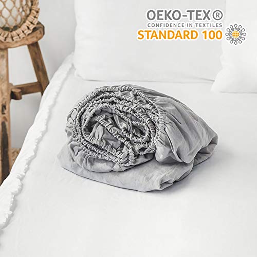 King Linens 100% Linen Fitted Sheet Solid Color Stone Washed Simple Soft Farmhouse (Queen, Grey)