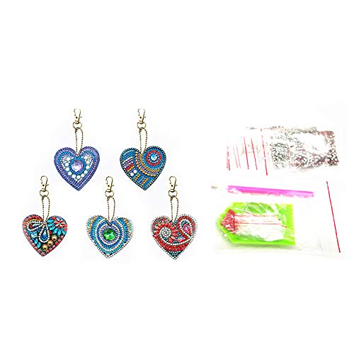 HuaCan 5 Pack DIY 5D Diamond Painting Keychain Round Drill Heart Keyring Crystal Rhinestone Bag Pendant Cross Stitch Mosaic Arts Craft Paint by Number Kits for Kids Adults