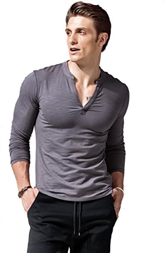 XShing Mens Long Sleeve T Shirts Slim Fit Deep V Neck Athletic Casual