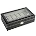 Zeeshy 12- slot Watch Box Black Pu Leather Diaplay Case Organizer Glass Top with Key Lock