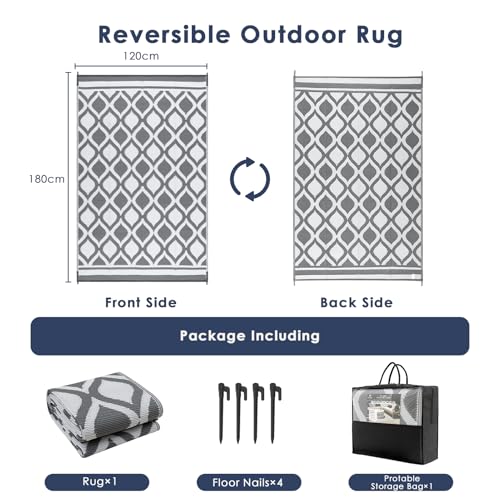 VK·LIVING Outdoor Rug for Garden Patios Waterproof 120X180cm Reversible Carpet Durable & UV Resistant Modern Outdoor Mat Portable Lightweight Area Patio Rugs for Balcony Camping Yard RV Grey&White