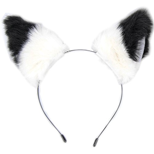 E-TING Cat Fox Ears Headband Neko Anime Halloween Cosplay Black with White