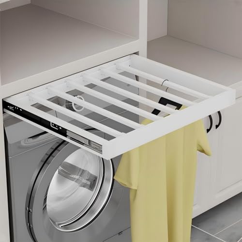 Hoconnie Hidden Washing Machine Clothes Airer Removable Clothes Airer Space Saving Soft Close Depth 540mm Width 610-660mm White