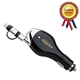 Car charger, Paratron Retractable USB cable Portable Charger 2in1 Charging Connector Compatible to Most Devices, Black