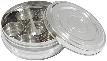 Caja de especias de acero inoxidable con 7 contenedores para cubos de especias Utensilios de cocina Uso diario Masala Dabba, Caja de almacenamiento de especias, Masala Dabba india, Estante de especias: Amazon.es: