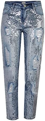 JJYPT Sequin Ripped Jeans for Women 