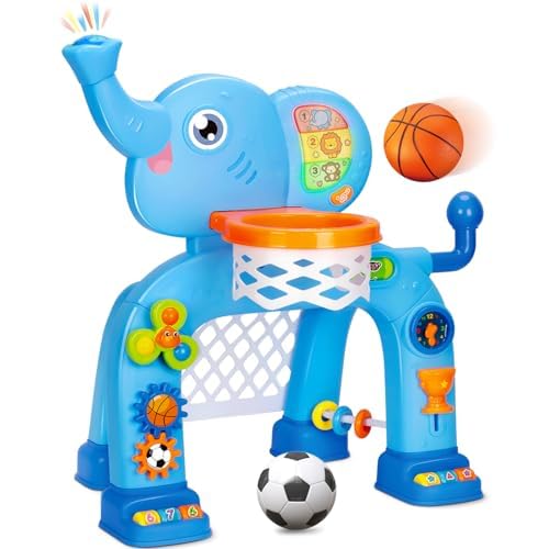 Toddler Basketball Hoop & Soccer Goal, Toys for 1 2 3 Year Old Boys Girls, Kids Sports Toy with Light Sound Music, Montessori Toys for Baby 12-18 Months, Christmas Birthday Gifts for Ages 1-3(Blue）