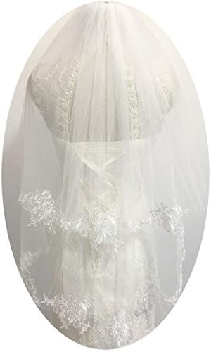 2T Two-Tier Elbow Length Elegant Lace Applique Edge Bridal Wedding Veils with Comb