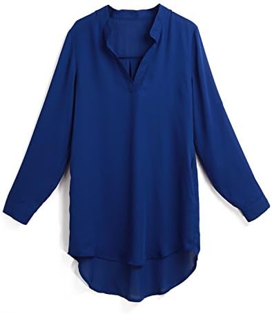 Stjeny Nice Women V Neck Pockets Roll up Long Sleeve Solid Loose Top Royal Blue 5XL