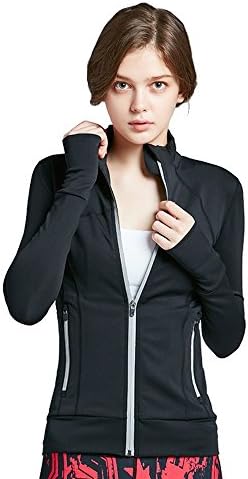 Women's Light Weight Athletic Full Zip Jacket with Thumb Holes (LARGE, BLACK)
