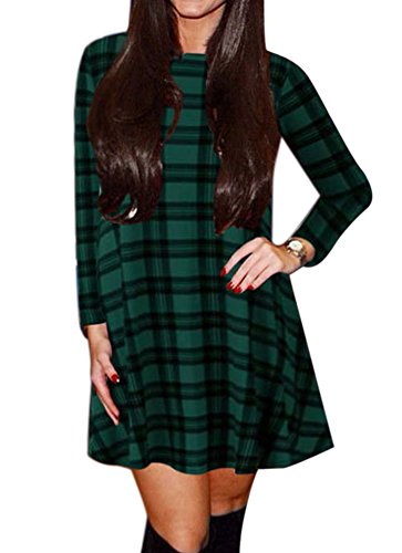 For G and PL Christmas Womens Printed Swing Flared Long Sleeve Gifts Mini Dress Green Plaid M