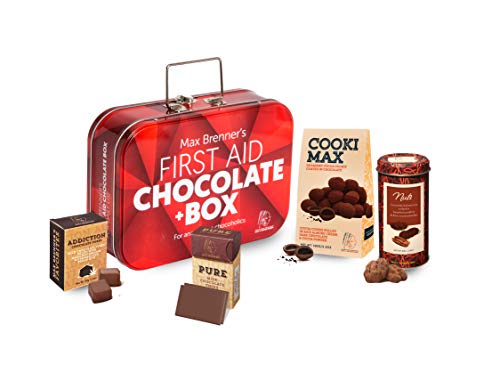 First Aid Chocolate Gift Box: Rectangular Tin with Latch and Handle includes Cookie Max Dark, Pecan Nuts, Pure Milk, and Addiction Cubes by Max Brenner – Kosher