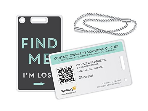Dynotag Web Enabled Smart Fashion Luggage ID Tags, with DynoIQ & Lifetime Recovery Service. 2 Identical Tags+Chains (Find Me!)
