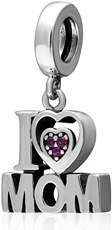Hoobeads I Love Mom Charms Pendant 925 Stering Silver Family Heart Dangle Bead for Mothers Day Gift