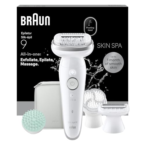 Braun Epilateur Electrique Femme Silk·épil 9 SkinSpa, Blanc, Étanche, Coffret Épilateur Tout-en-Un avec Tête Pivotante, Brosse Exfoliante, Tête de Rasage, Sabot Tondeuse, Coussin de Massage, 9-080