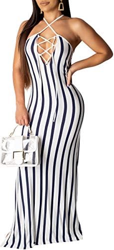 Yiershu Women's Sexy Long Maxi Dresses Bodycon V Neck Bandage Strap Backless Striped Floor Length Clubwear