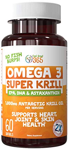 Double Strength Super Krill with Omega-3, DHA & EPAs by Feel Great 365, Astaxanthin Stabilized, No Fish Burps or Repeats, Non-GMO and Gluten Free, Best for Heart, Brain, and Joint Health, 1000 mg