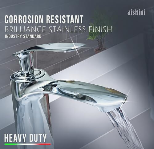 Aishini Bathroom Sink Faucet, Heavy Duty Energy-Efficient Tap, Single-Lever Cold & Hot Water Bathroom mixer, Stylish Contemporary Bathroom Faucet, Basin or Deck Mount Bathroom Fixtures | Chrome