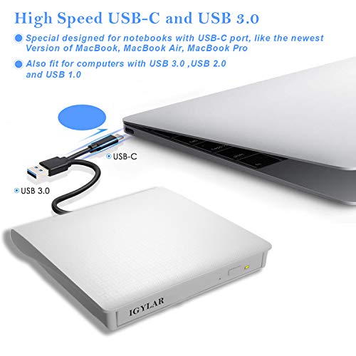 iGylar External CD DVD Drive, USB 3.0 & Type C External DVD CD Player, Plug & Play Burner High Speed Data Transfer DVD Player for Laptop Notebook PC Support Windows/Vista/7/8/10, Mac OS & Linux