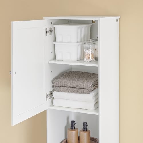 SoBuy Narrow Bathroom Storage Cabinet with Laundry Hamper, Slim Tall Freestanding Bathroom Cabinet with Drawer, Open Shelf & Adjustable Shelf, White BZR216-W