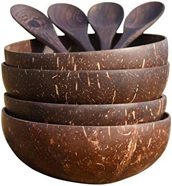 100%, Natural 100% Safe Handmade Imported Coconut Bowls with Spoons (4-Set) Vegan friendly, Long-lasting with Protective Coconut Oil Varnish, Best for Cereal, Salads, Desserts, more